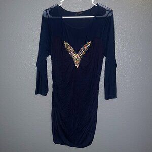 Venus Navy Ruched Dress with Embellished Detail - Size Medium